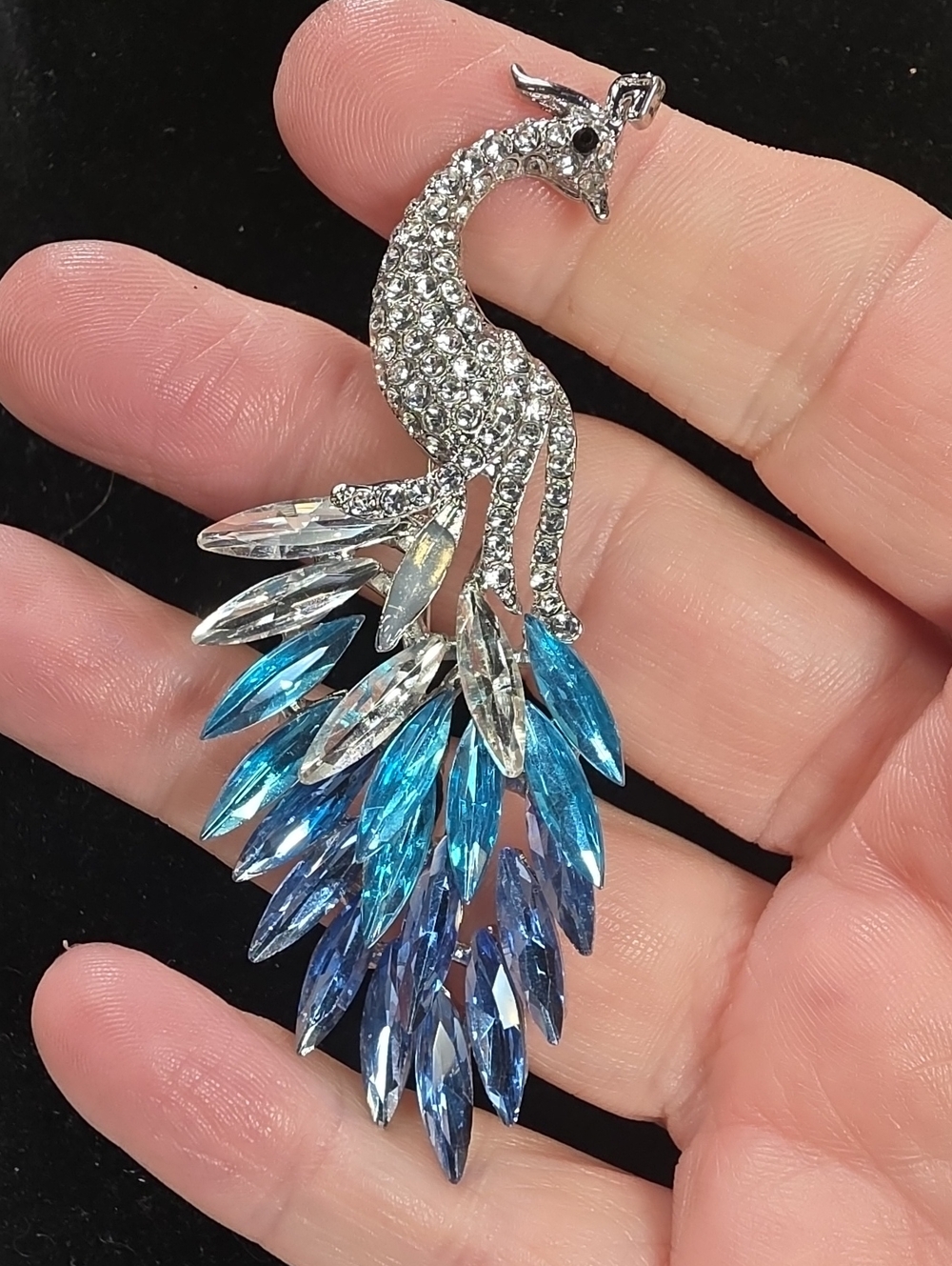 B13- Crystal Peacock Drop Brooch - Blue & Clear